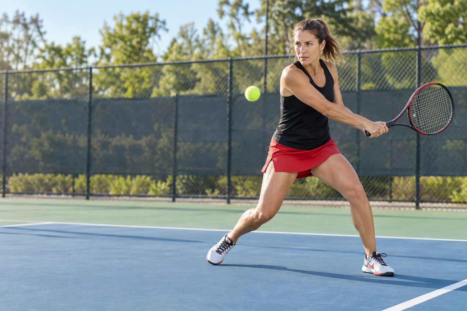 Adult tennis player moving laterally during an outdoor match